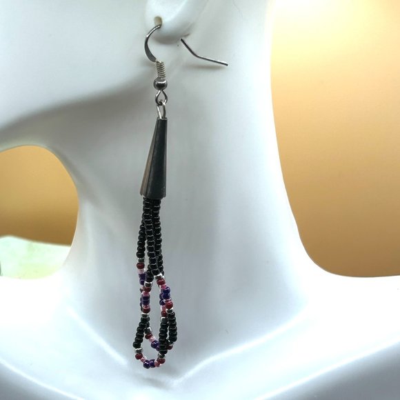 Jewelry - Long Vintage Artist Beaded Silver Black Purple Chandelier Boho Earrings